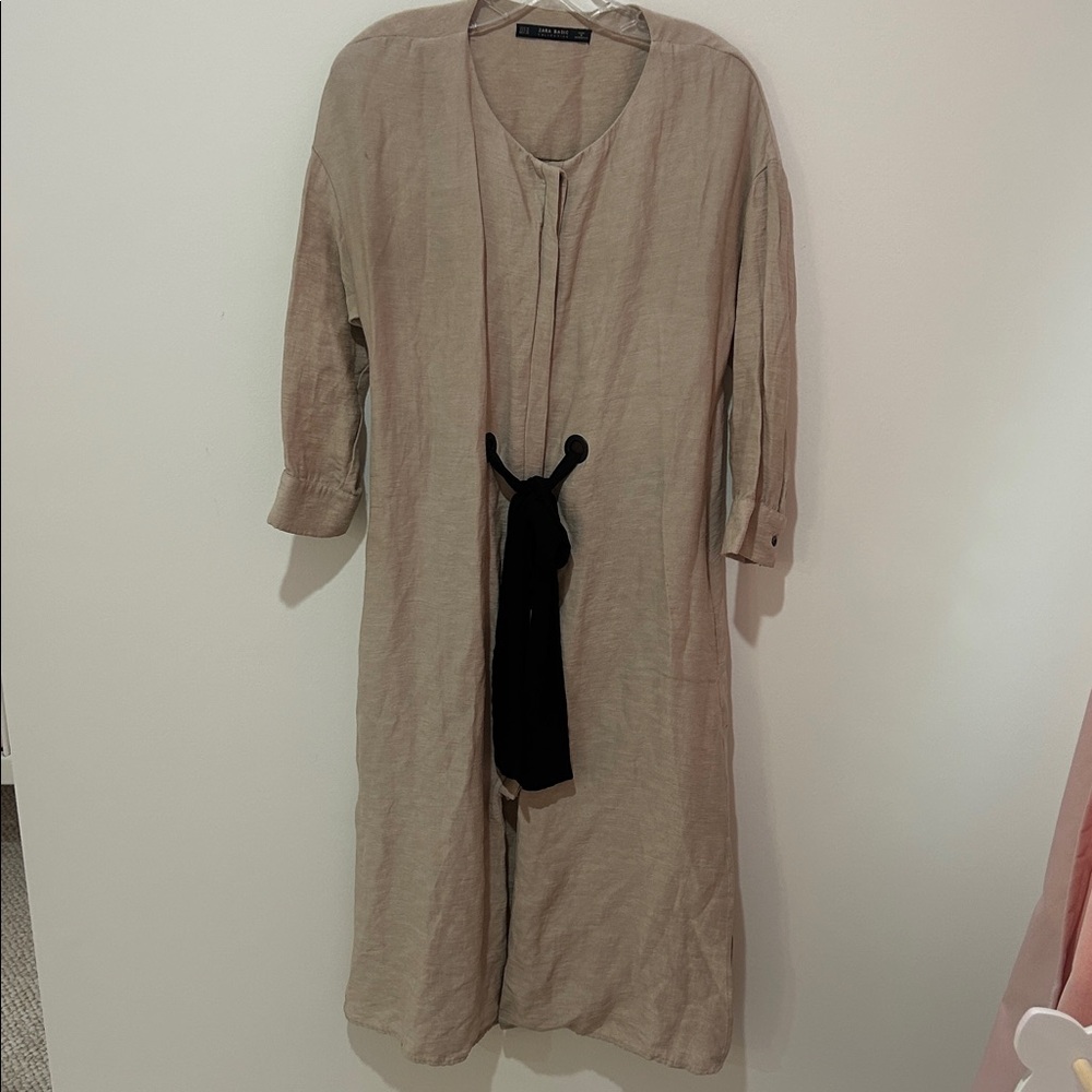 Zara Beige Midi Dress with Black Tie Belt - Picture 2 of 10